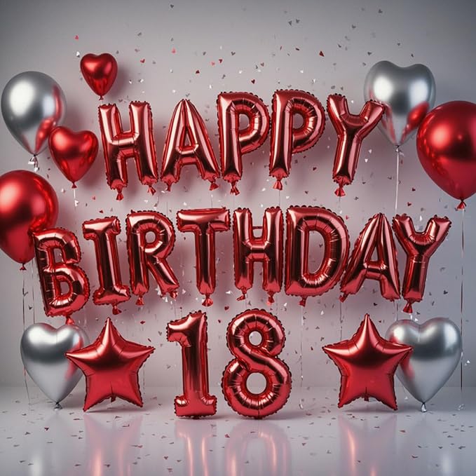 27 Pcs Red Silver Birthday Decorations, Red Happy Birthday Letters Balloon Banner 3D, Pentagram Heart Foil Balloons Confetti Balloons Kit For Boys Girls Party Supplies