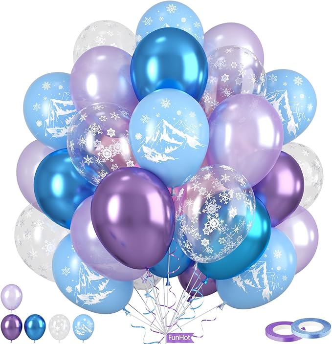 Frozen Balloons, 50Pcs 12 Inch Light Macaron Blue Pearl Purple Metallic Blue Purple Clear Snowflake Birthday Balloons for Girls Frozen Birthday Party Decorations Winter Baby Shower Snow Backdrop