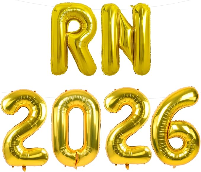 TONIFUL 2026 Nurse Graduation Decorations Gold RN 2026 Balloons 16 Inch RN 2026 Graduation Balloons Class of 2026 Registered Nurse Balloons Decorations 2026 Nursing Graduation Party Supplies