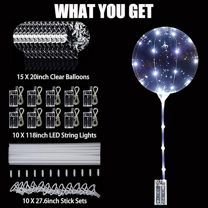 LED Balloons Light Up, 10 Pack LED Balloons with Sticks, 20 Inch Clear Bobo Balloon with Lights Helium Glow Bubble Lights for Party Supplies Valentines Decor (Cold White)