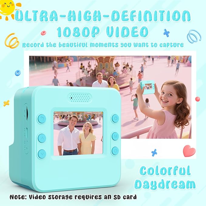 Kids Camera Instant Print :Flip-Up Camera Gift for Girls Ages 3-16 (for Christmas Or Birthday),1080P Hd Children Digital Video Instant Print Cameras with 3 Rolls Paper & 32Gb-Green