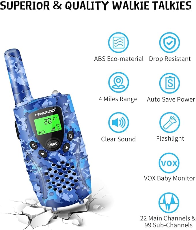 FAYOGOO 2 Pack Walkie Talkies for Kids Long Range 4 Miles,Kids Walkie Talkies with Flashlight, Christmas Birthday Toys Gifts Ideas Present for 3-12 Year Old Boys Girls (Blue)