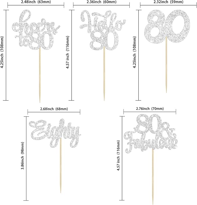 30Pcs Happy 80th Birthday Cupcake Toppers Eighty Cheers to 80 Years Old Birthday Cupcake Picks for Happy 80th Birthday Anniversary Party Cake Decorations Silver Glitter