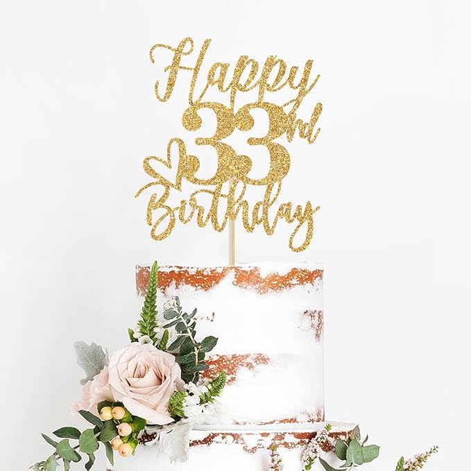 Gold Glitter Happy Birthday Cake Topper, Funny 33rd Birthday Party Supplies