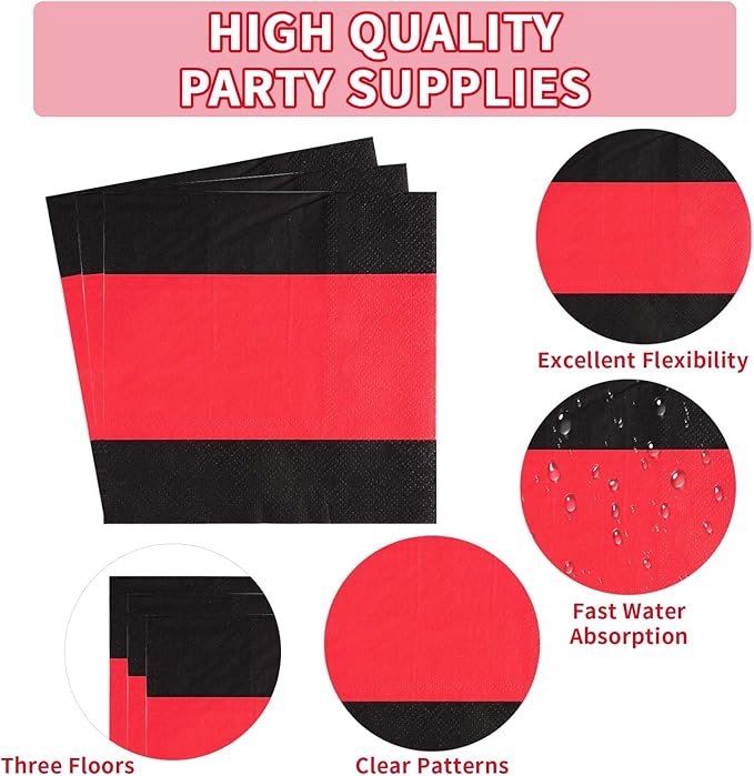 Grencian 96Pcs Red and Black Party Decorations Valentine's Day Red and Black Plates and Napkins Disposable Tableware Set for Birthday Wedding Valentine's Day Party Supplies, Serves 24