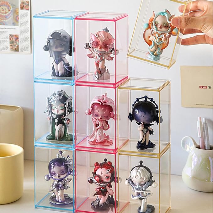 3 PCS Acrylic Display Boxes Colorful Figures Display Case for Funko Pop Figures, Stackable Blind Box Fully Assembled Dustproof Storage Organizer Box for Lego Collectibles Action Figures Pop Mart
