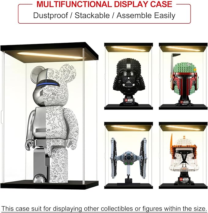 Acrylic Display Case for Collectibles Clear Acrylic Boxes for Display Action Figures Dolls Lighted Trophy Memoribilia Display Case Home Storage Box(Black-Solid Yellow; 7.9*7.9*9.8 inch)