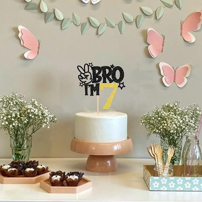 1 PCS Brother I'm 7 Cake Topper Glitter Star Happy 7th Birthday Cake Pick Bro I'm 7 Cake Decoration It's My 7th Birthday Decorations for Boys Cheers to 7 Years Old Birthday Party Supplies Gold