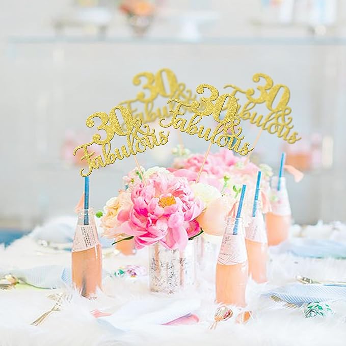 12 PCS 30 and Fabulous Centerpiece Sticks Double Sided Happy 30th Birthday Table Flower Centerpieces Sticks Cheers to 30 Floral Decorations for 30th Birthday Anniversary Party Supplies Gold