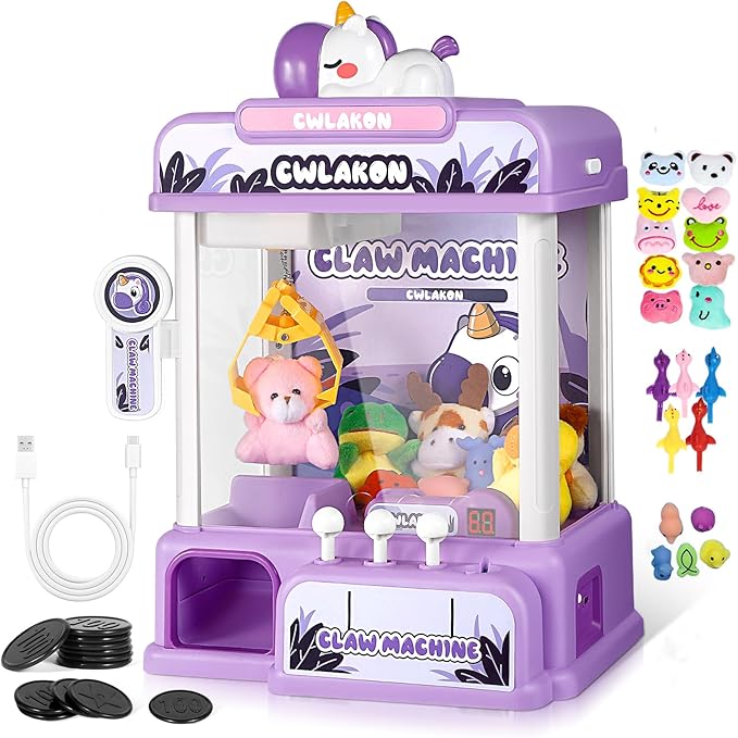 CWLAKON Claw Machine for Kids, Mini Vending Machine Unicorns Toys with Sound for Girls Age 3+, Candy Grabber Prize Dispenser Machine Arcade Games with Mini Plush Toys, Christmas Birthday Gifts
