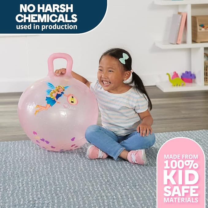 Flybar Hopper Ball for Kids, Inflatable Bouncy Ride-On Ball w/Handle for Indoor & Outdoor Active Play, Includes Pump, Jump Ball Toy for Boys & Girls, Supports Up to 165 lbs, Ages 3+, 18-Inch, Small