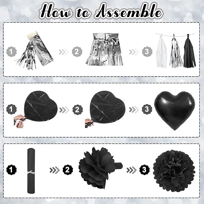 Black Bow Birthday Party Decorations, Coquette Bow Black and White Silver Confetti Long Balloons Happy Birthday Banner Fringe Curtain Tassel Pompoms for Women Girls Theme Baby Shower Party Supplies