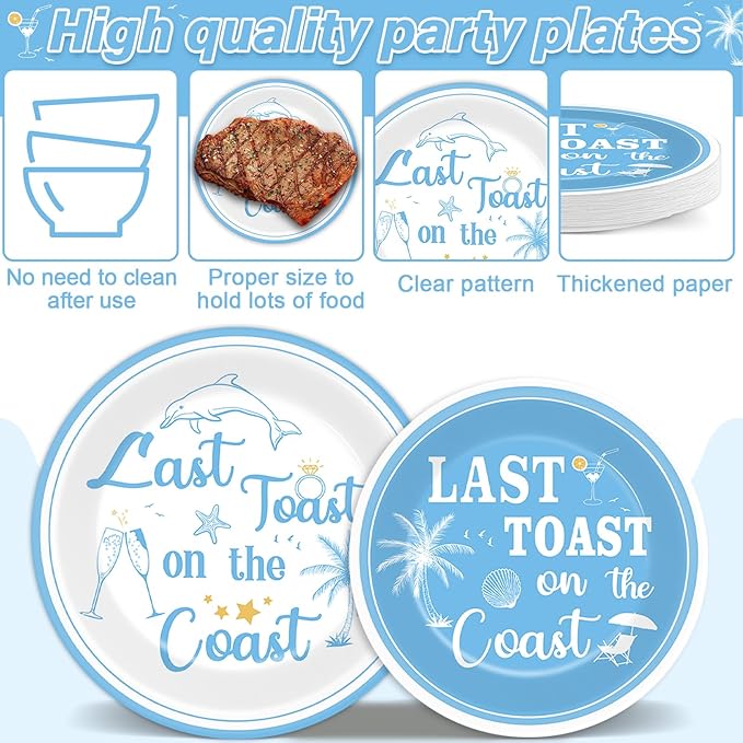 96Pcs Last Toast on the Coast Party Supplies Coastal Bachelorette Paper Plates Napkins Beach Pool Tableware Set Summer Dinnerware for Bridal Wedding Girl Birthday Party Baby Shower Decoration Serve 24