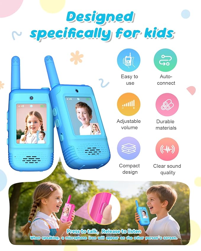 Video Walkie Talkies for Kids, Christmas Birthday Gifts Toys for Boys 3 4 5 6 7 8 Age, Kids Intercom with Video & 3 Voice Effects，Indoor Outdoor Toys Backyard, Camping, Hiking (Blue)