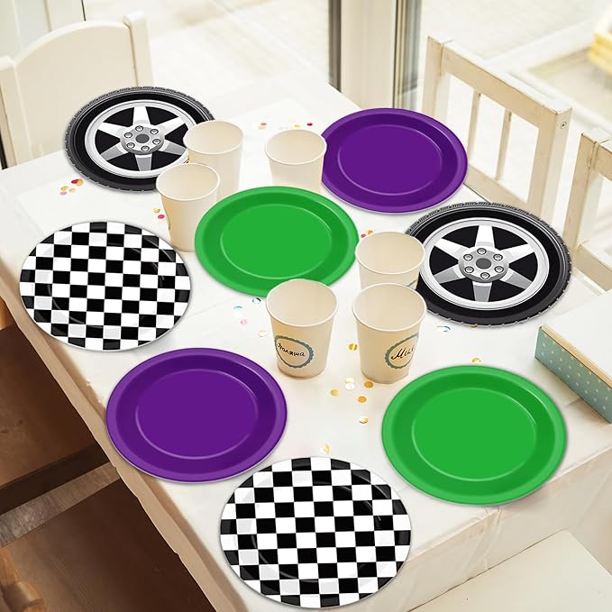 60Pcs Monster Truck Party Paper Plates Green Purple Monster Truck Birthday Party Supplies 7 Inch Black and White Checked Theme Disposable Dinner Dessert Cake Plates for Kids Racing Car Birthday Decor