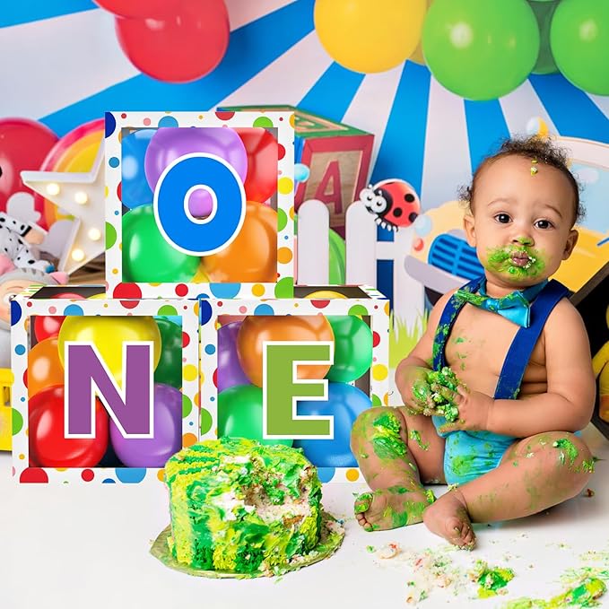 First Birthday Decorations for Boy Girls, ONE Balloon Boxes with Balloons, ONE Blocks for Baby 1st Birthday Backdrop, Cake Smash Photo Props (Round)
