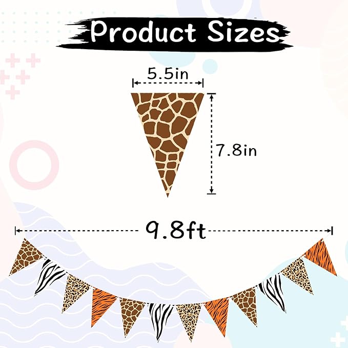 2 Pieces Animal Print Pennant Banner Jungle Theme Party Supplies Safari Birthday Party Decorations, Jungle Safari Birthday Banner for Animal Zoo Party Decor