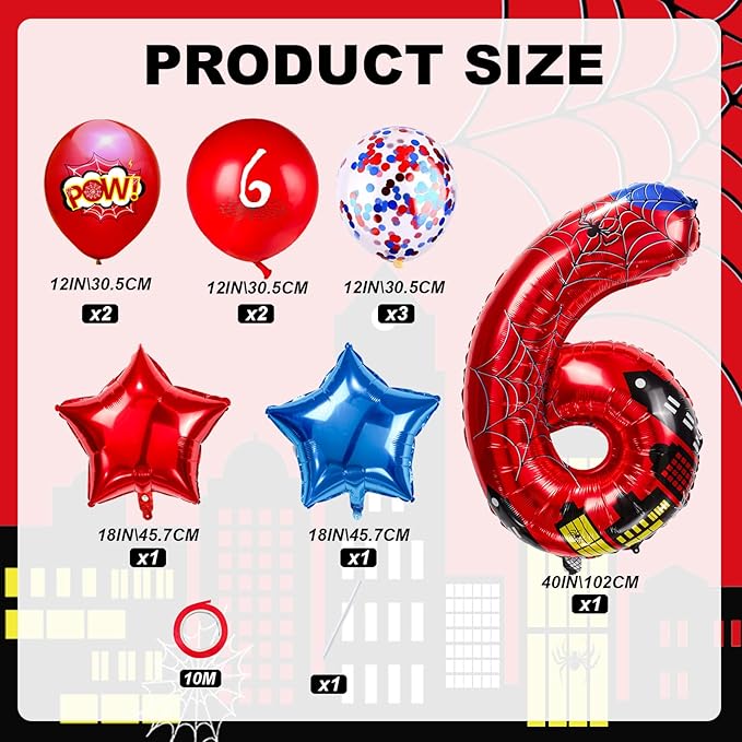 Cartoon Hero 40 Inch Red and Blue Spider Theme Number Foil Birthday Decoration Balloons, Cartoon Party Birthday Supplies, Number large Balloons for Spider Theme Party (6)