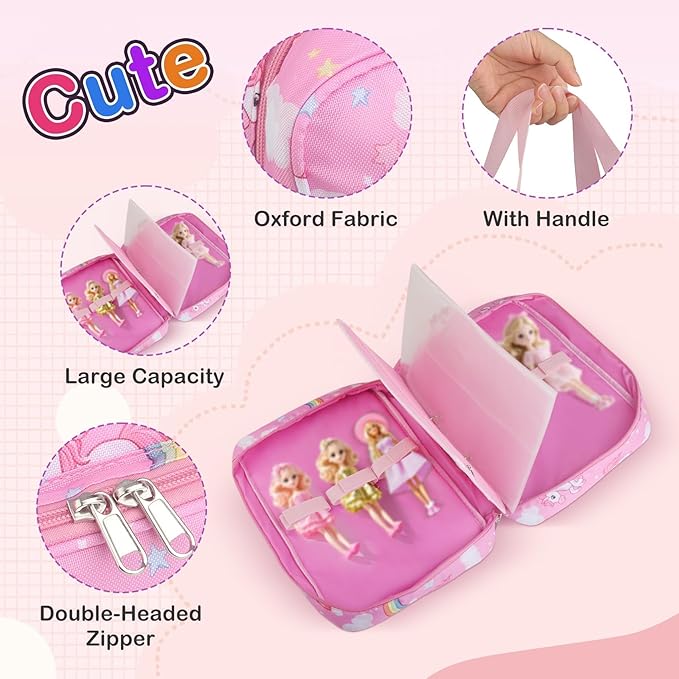 Doll Carrying Case Accessory Organizer Storage, Case to Hold Dolls and Clothes, Much Pocket for Doll’s Clothes, Accessories, Fits 6 Dolls & Accessories, Secure Straps Protect Dolls - Pink