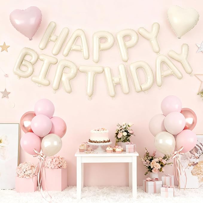 29PC Pink Heart Happy Birthday Balloon Banner, 16Inch 3D Aluminum Letter Banner Sign, Dusty Pink Rose Gold Pearl White Balloons 18 Inch Heart Foil Balloons for Baby Shower Decorations