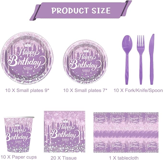 81Pcs Diamond Party Tableware Set Sparkling Diamonds Party Decoration for Girls and Women Birthday Party Supplies (Purple)