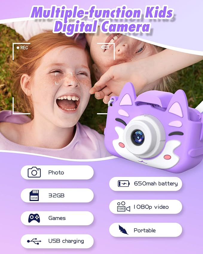 Kids Selfie Camera,Birthday Gifts for Boys Age 3-9,HD Digital Video Cameras for Toddler,Toy for 3 4 5 6 7 9 Year Old Teens with 32GB SD Card,Kids Toys Gifts for Birthday (Purple)