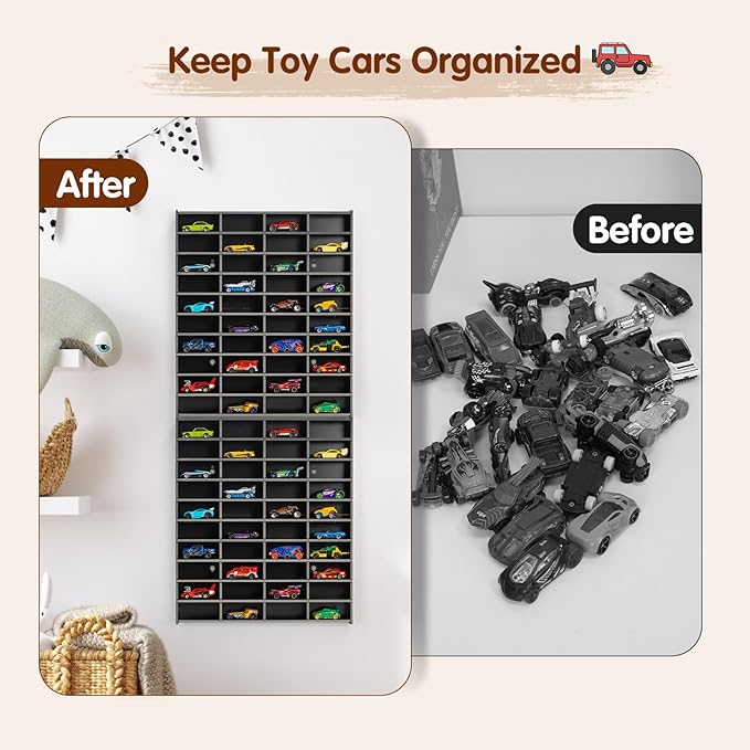 2 Pack Toy Car Display Shelf, Holds 80 Diecast 1/64 Toy Cars, Wall Mount Model Car Storage Organize Case, Black