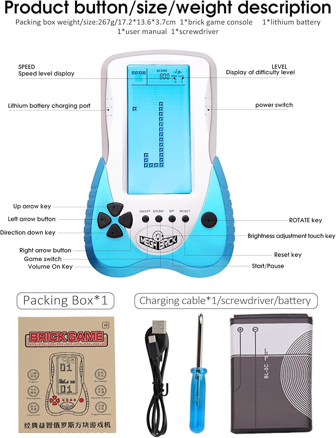 New Retro Block Brick Game Console Large Screen Blue Backlight Brightness can be Adjusted Build in 23 Game Compatible with Lithium Battery/AAA Batteries can Plug in Headphone (Blue)
