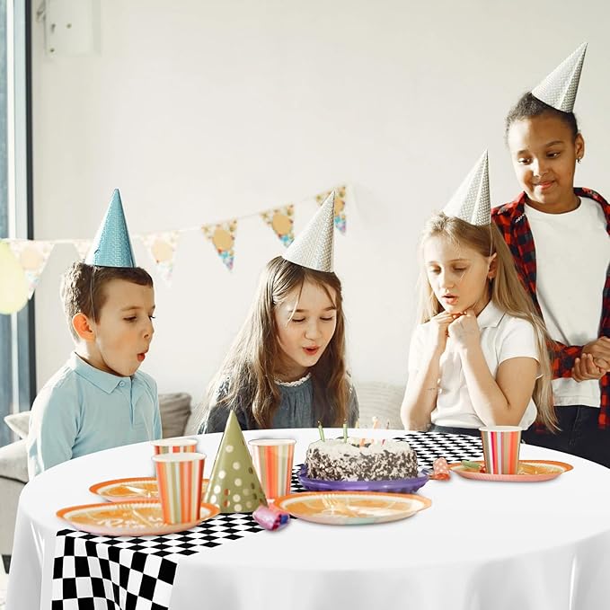 Oudain 3 Pcs Cars Birthday Party Supplies Racing Party Decorations Round Racing Tablecloth Checkered Flag Table Covers Road Plastic Table Cloth, 1950s Disco Dancing Party Tablecloth (White)