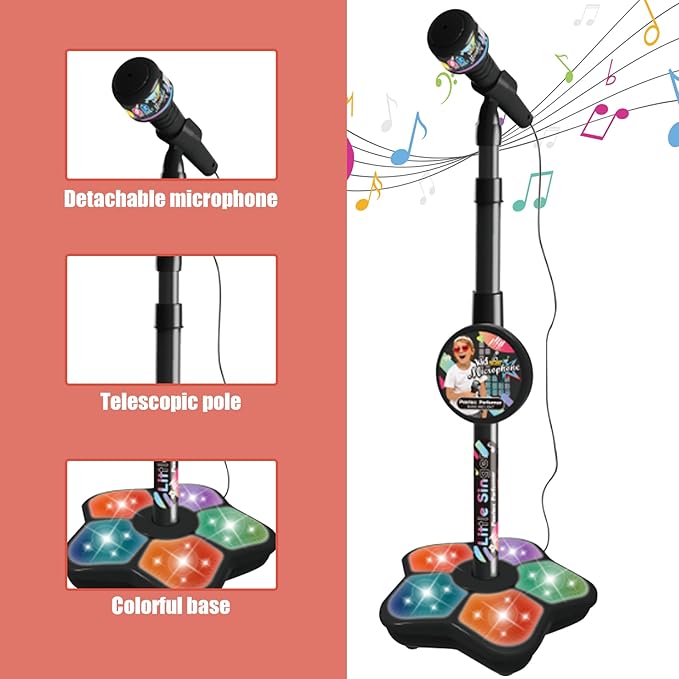 Microphone Stand for Kids, Kids with Stand Adjustable Height Led Light Detachable for Singing Play Party Gifts, with for