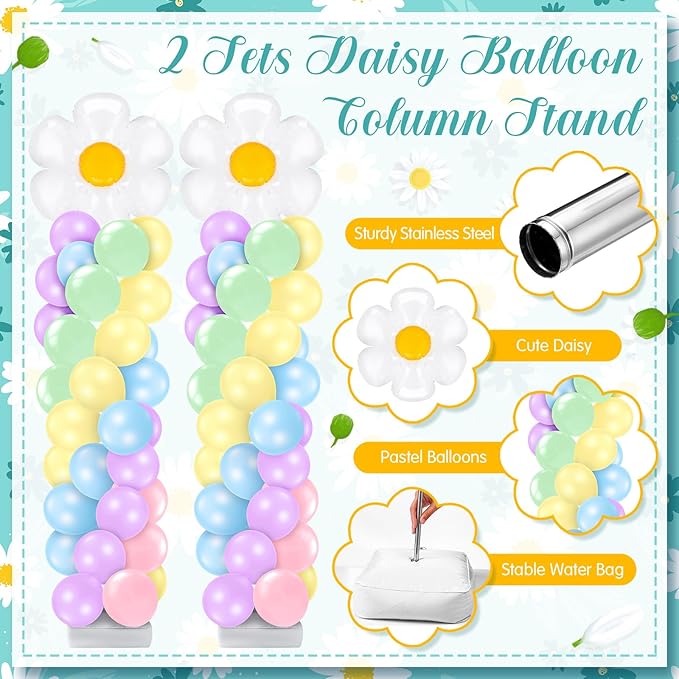 Kasyat 2 Sets Daisy Pastel Party Balloon Column Stand Kit, Adjustable Groovy Balloon Arch Stand Kit for Macaron Boho Summer Daisy Floral Theme Easter Party Decoration