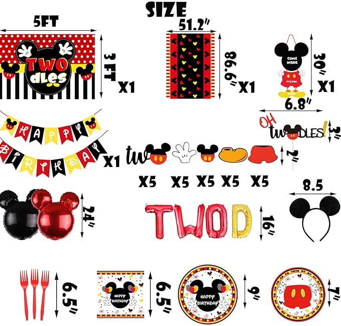 185 Pcs Oh Twodles Birthday Decor, Oh Twodles Balloons Arch Garland Kit, Red Two Backdrop, TableCloth, Tableware for Baby Boy 2nd Bday Party Supplies Decorations