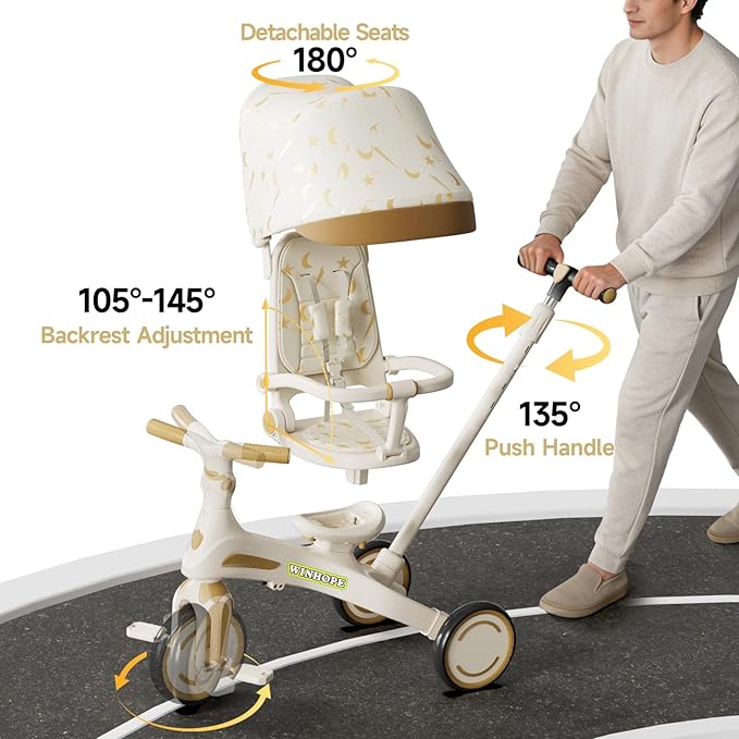 Winhope Kids Tricycle, 6 in 1 Baby's Tricycle Toddler Trike with Adjustable Push Handle, Reversible Seat and Canopy, Baby Stroller for 1-6 Year Olds, Suitable for Outdoor Activities (Beige)