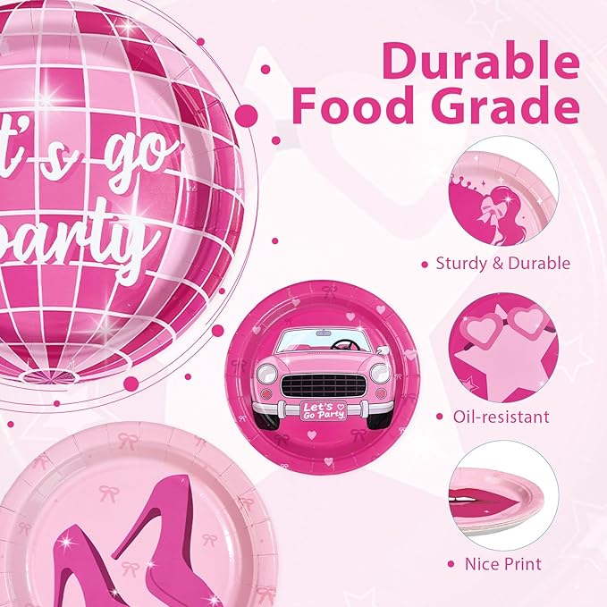 60Pcs Hot Pink Paper Plates 10" Heavy Duty Disposable Pink Girls Dessert Plates Let's Go Party Decorations for Women Girls Night Birthday Disco Bachelorette Bridal Shower Party Supplies