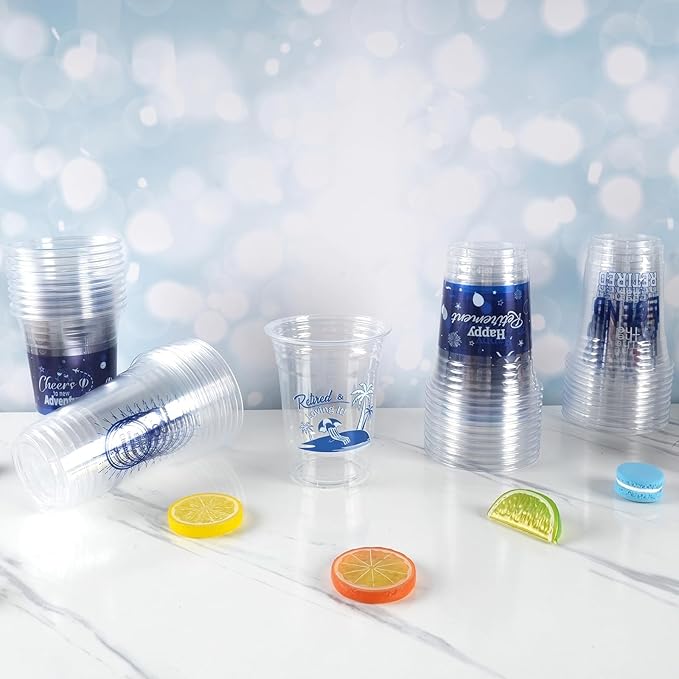 Retirement Party Decoration Cups, 50pcs 16 Oz Plastic Drinking Cups for Retirement Christmas Party Supplies Favors Women Men Snack Cup Bulk (Blue and Silver)