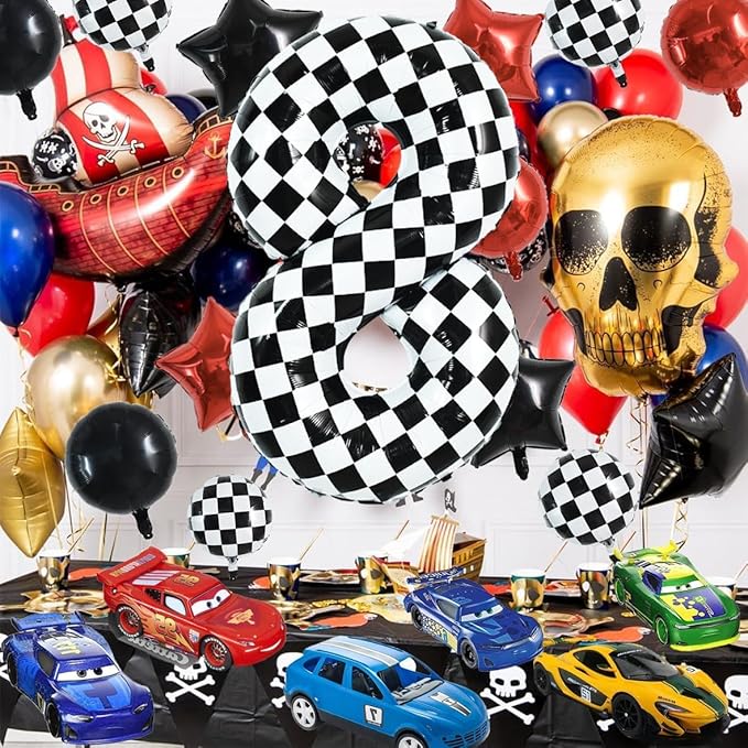 TONIFUL 40 Inch Checkered Number 8 Balloon 8th Race Car Birthday Party Supplies Black and White Large Number Balloon for Girls Boys 8th Birthday Fast Race Car Flag Party Decorations