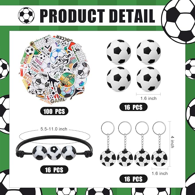 LemonRoad 164 Pcs Sports Party Favors Set 16 Plastic Cups 16 Charm Bracelets 16 Keychains 16 Mini Foam Stress Balls 100 Stickers for Sports Party Supplies(Soccer)