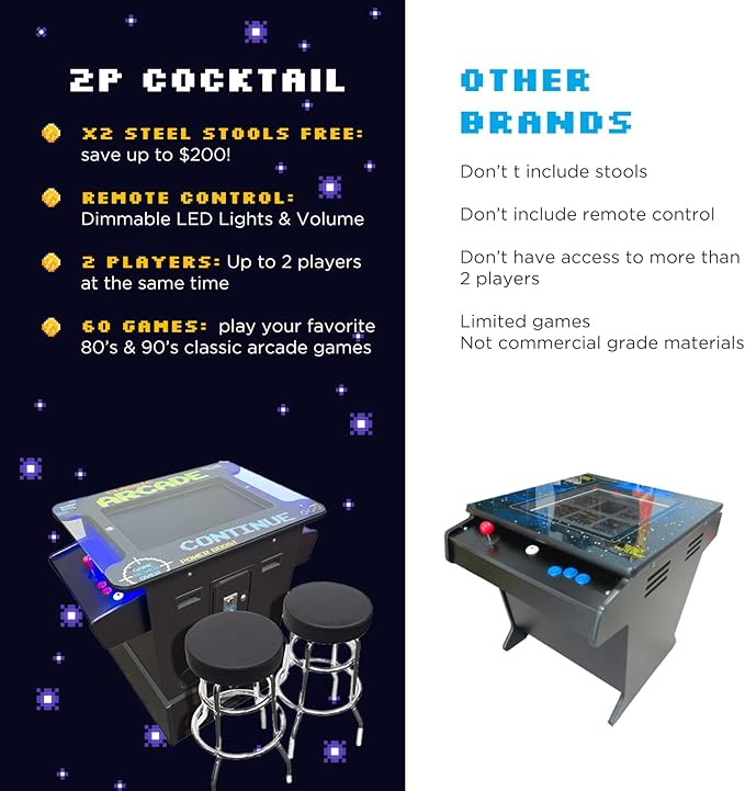 Full-Size Creative Arcades, Commercial Grade Cocktail Arcade Machine, 60 Classic Games, 2 Sanwa Joysticks, Included Stools, 26" Screen, Arcade Riser, 3Year Warranty, Top Square Glass