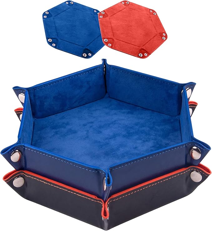SIQUK 2-Piece Dice Tray - PU Leather Folding Hexagon Dice Holder for RPG, DND & Other Table Games (Royal Blue, Orange)