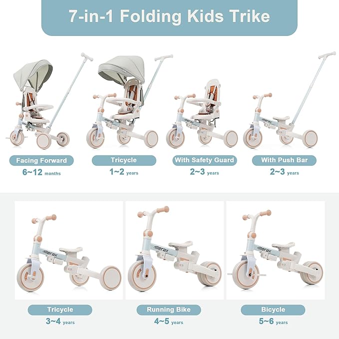 Baby Trike 7-in-1 Toddler Push Bike Parent-Controlled Toddler Tricycle to Self-Riding Tricycle Detachable Footrest