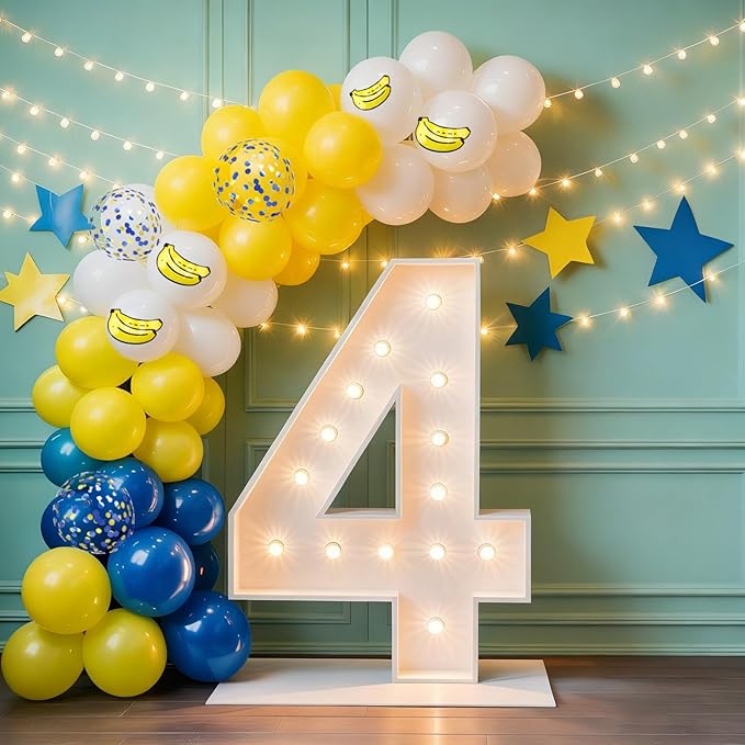 Blue and Yellow Balloons, 50PC 12 Inch Blue Yellow Gold Confetti White Banana Print Balloons for Birthday Baby Shower Graduation Party Decorations