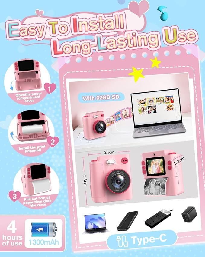 Mason & Friends Kids Instant Print Camera – 1080P HD Digital Camera for Boys & Girls Ages 3–10 | Photo, Video, Music & Games | Includes 32GB SD Card – Perfect Birthday (Pink)