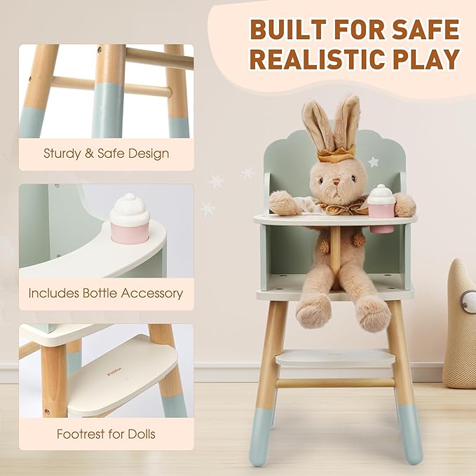 Wooden Baby Doll High Chair, Baby Doll Furniture, Fits Up to 18 inch Dolls, 18 inch Doll Accessories - Green