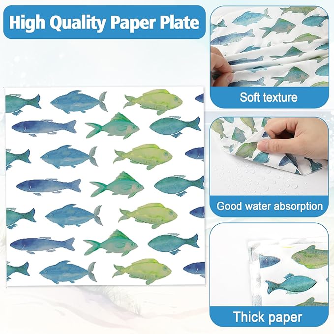 96Pcs Gone Fishing Party Paper Plates and Napkins Sea Ocean Fish Birthday Supplies Little Fisherman Tableware for 24 Guests for Summer Wedding Ofishally One Fishing Birthday Gatherings Decorations