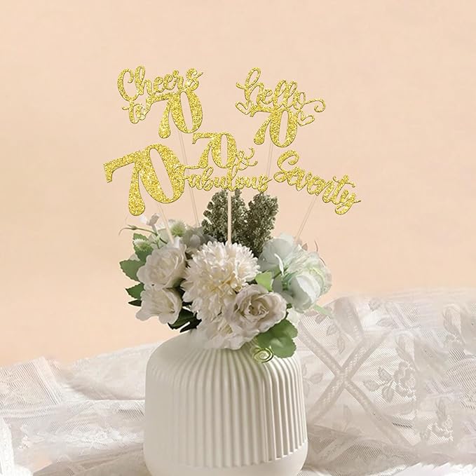 15PCS Happy 70th Birthday Centerpiece Sticks Hello 70 Fabulous Table Flower Centerpieces Sticks Seventy Cheers to 70 Years Floral Decoration for Happy 70th Birthday Party Centerpieces Sticks Gold