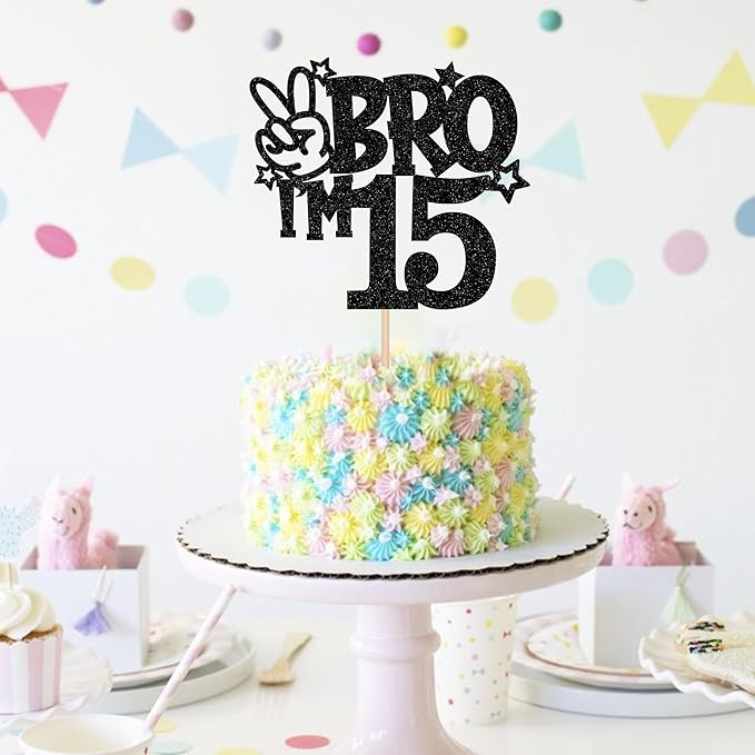 1 PCS Brother I'm 15 Cake Topper Glitter Star Happy 15th Birthday Cake Pick Bro I'm 15 Cake Decoration It's My 15th Birthday Decorations for Boys Cheers to 15 Years Old Birthday Party Supplies Black