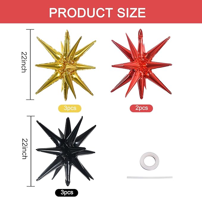 TONIFUL 8 Pcs Black Gold Red Foil Balloons Large Star Balloons Explosion Star Mylar Balloons for Party Backdrop Christmas New Year Birthday Wedding Baby Shower Anniversary Photo Booth Supplies
