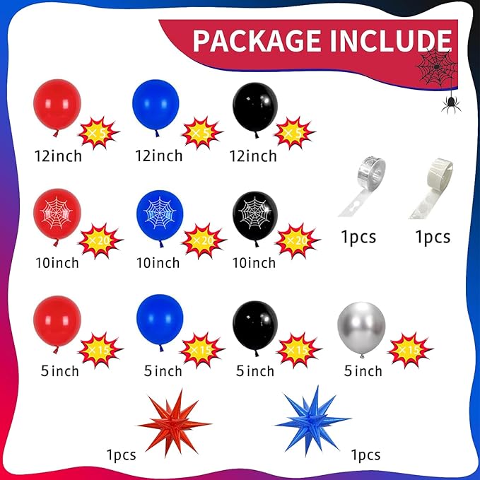 139 Pcs Blue Red Black Balloon Arch Garland Kit, for Cartoon Spider Theme Birthday Party Decorations Boys and Girls Gatherings Party Supplies