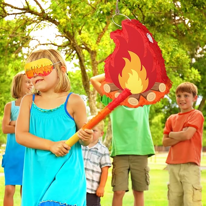 Camping Campfire Pinata with Stick and Blindfold Fake Flame Pinata for Boys Girls Kids Christmas Birthday Party Supplies Camping Adventure Party Photo Props Decorations