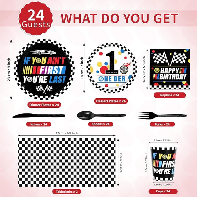 170 Pcs Race Car 1st Birthday Decorations for Boys Fast One Plates and Napkins Racing Cars First Birthday Tableware Set for Boys First Race Car Theme Party Supplies, Serves 24